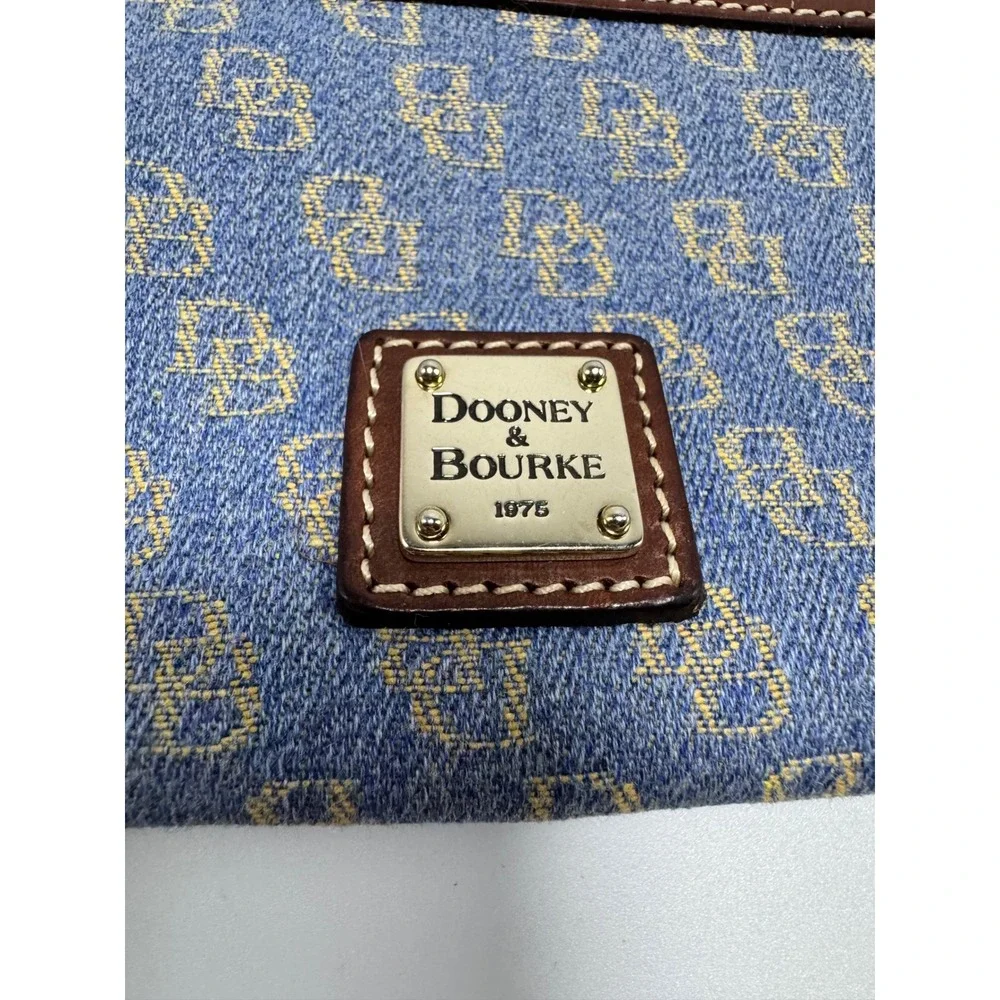 Dooney & Bourke Blue Denim Monogram Wristlet Pouch Brown Leather Trim Logo NWOT